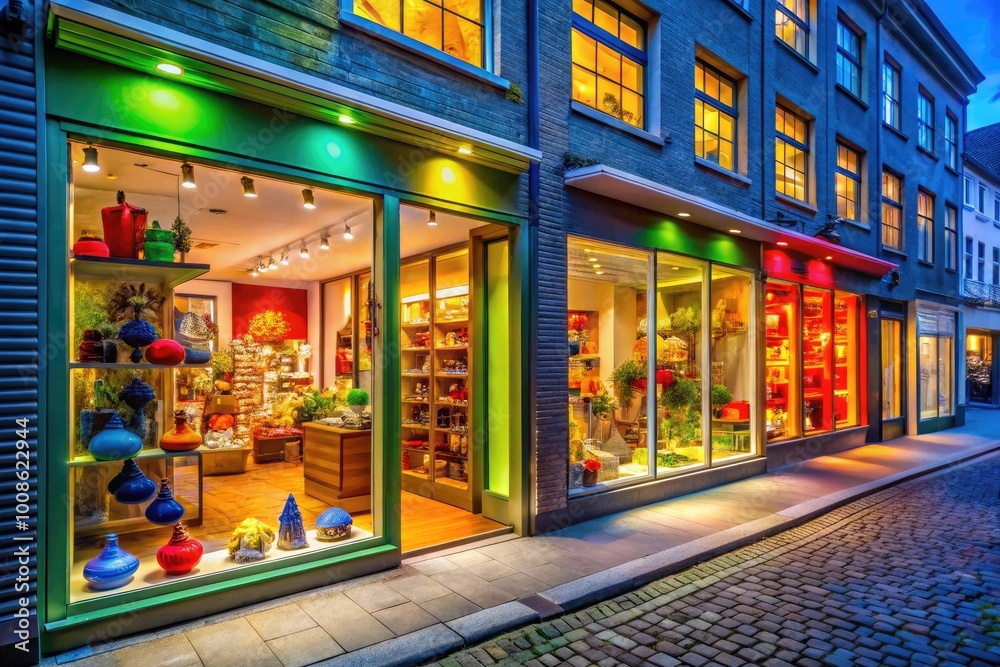 Modern European Outlet Store Front with Bright Signage and Displayed Products for Shoppers