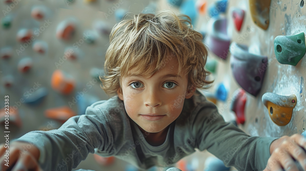 portrait of a Caucasian boy, 8-10 years old, engaged in climbing in an equipped climbing center on a simulator portrait of a Caucasian boy, 8-10 years old, engaged in climbing in an equipped climbing center on a simulator