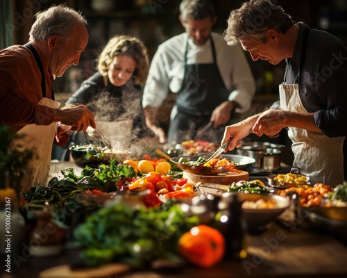 A group of people cooking together in a master class