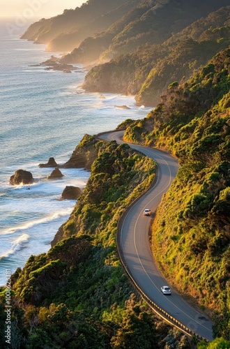 Aerial view of the winding coastal road with lush greenery, overlooking azure ocean waves and cliffs. A car is driving along the road, creating long shadows on its path through nature's canvas.  photo