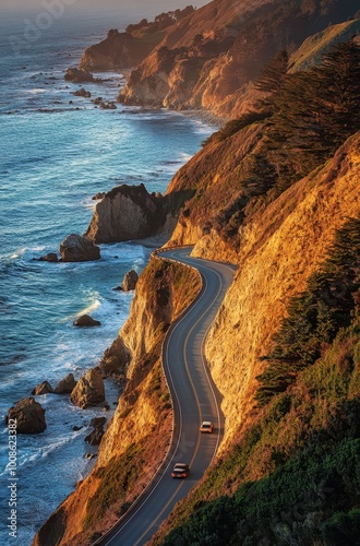 Aerial view of the winding coastal road with lush greenery, overlooking azure ocean waves and cliffs. A car is driving along the road, creating long shadows on its path through nature's canvas. photo