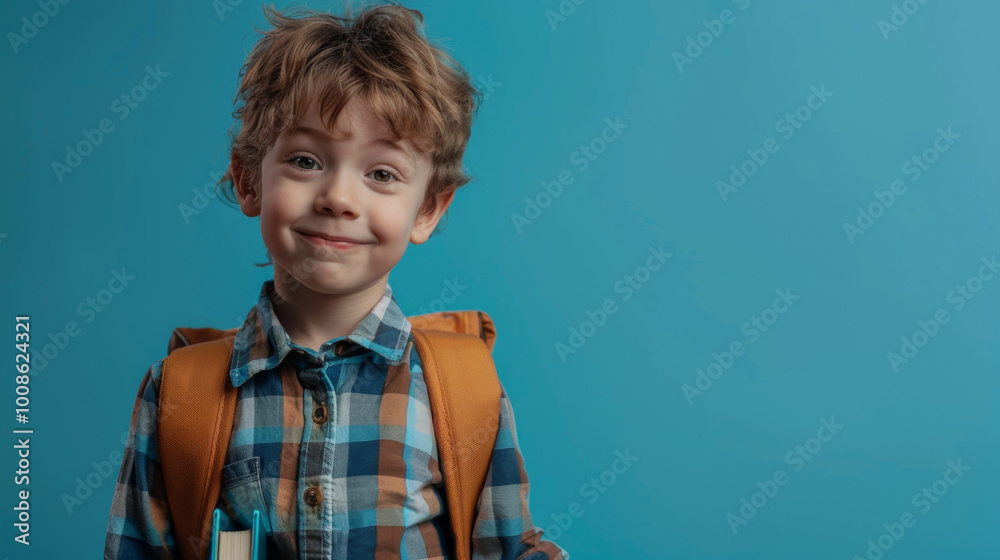 studio portrait of a Caucasian schoolboy 7-10 years old with a book in his hands and a school bag on his shoulders, blue background, copyspace studio portrait of a Caucasian schoolboy 7-10 years old with a book in his hands and a school bag on his shoulders, blue background, copyspace