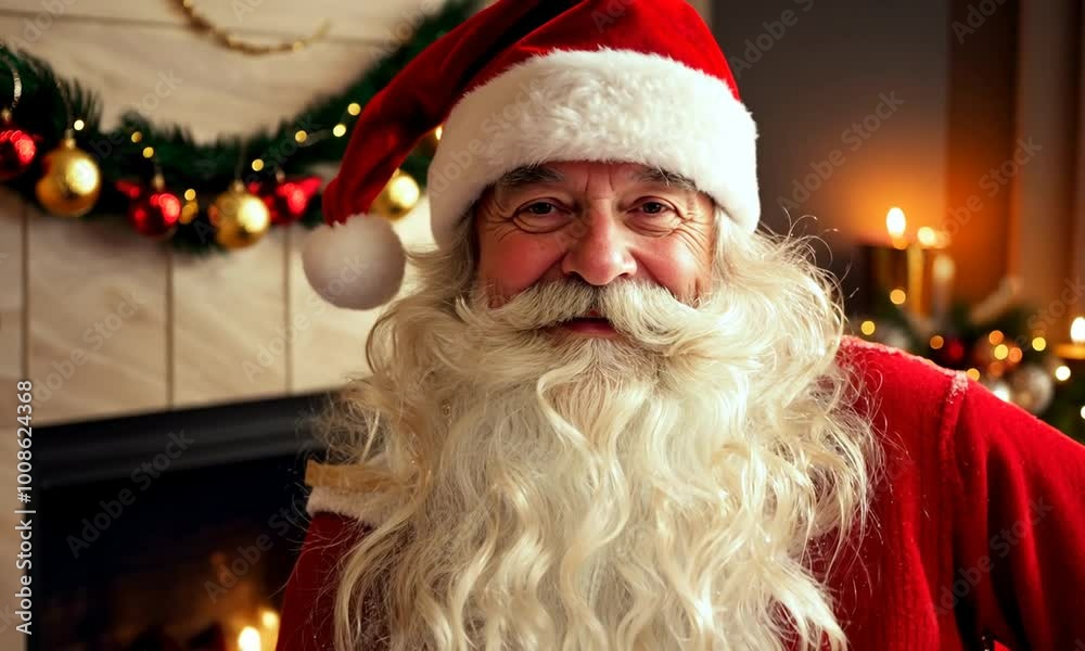 Happy Senior Santa Claus Looking at Camera and Posing at Festive Decorated Home Happy Senior Santa Claus Looking at Camera and Posing at Festive Decorated Home