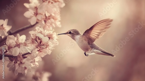  Close-up of a hummingbird pollinating a flower, vivid color texture and detail, in nature, soft natural lighting