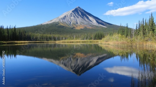 Bald Mountain reflected in a nearby lake, its bare peak and the surrounding wilderness mirrored perfectly in the still water.