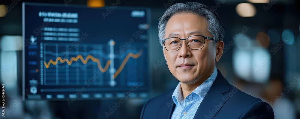 Portrait of Chinese billionaire overseeing factory operations, with growth charts in the background, business expansion, wealth and growth Portrait of Chinese billionaire overseeing factory operations, with growth charts in the background, business expansion, wealth and growth