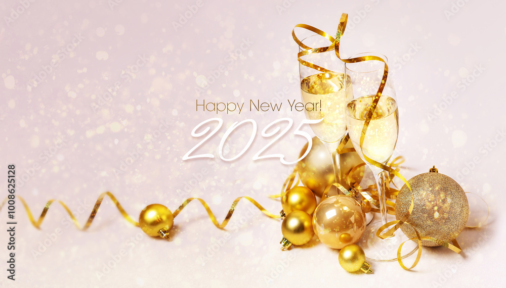 Congratulations on the New Year 2025. 2 glasses of champagne, golden streamers and golden Christmas balls on a pink background