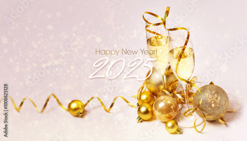 Obraz na płótnie Congratulations on the New Year 2025. 2 glasses of champagne, golden streamers and golden Christmas balls on a pink background w salonie