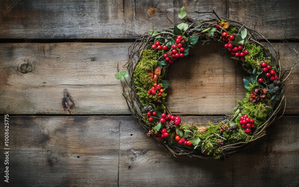Beautiful eco-friendly Christmas wreath made from branches, moss, and vibrant berries against a rustic wooden backdrop Beautiful eco-friendly Christmas wreath made from branches, moss, and vibrant berries against a rustic wooden backdrop