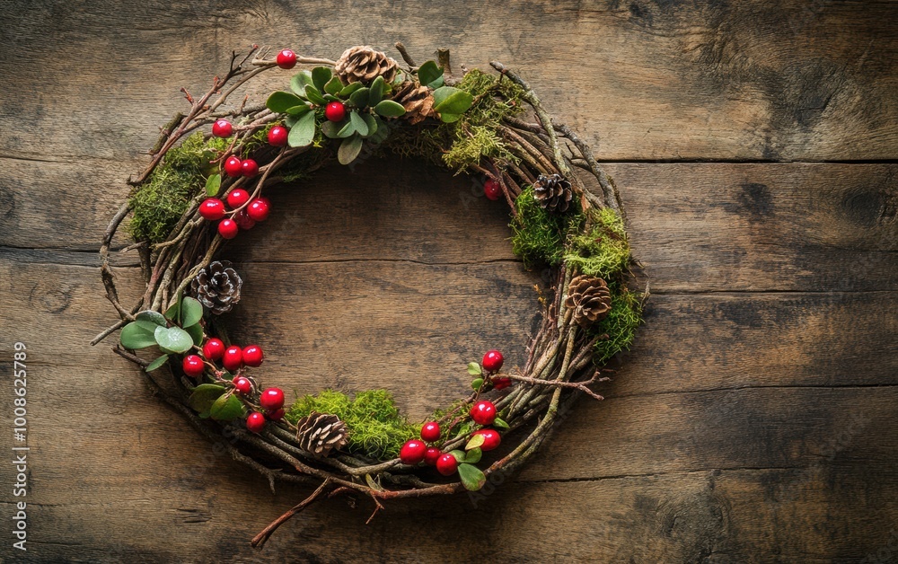 Eco-friendly Christmas wreath with branches, moss, and berries displayed on rustic wooden backdrop in natural light Eco-friendly Christmas wreath with branches, moss, and berries displayed on rustic wooden backdrop in natural light