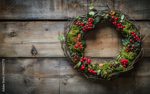 Beautiful eco-friendly Christmas wreath made from branches, moss, and vibrant berries against a rustic wooden backdrop