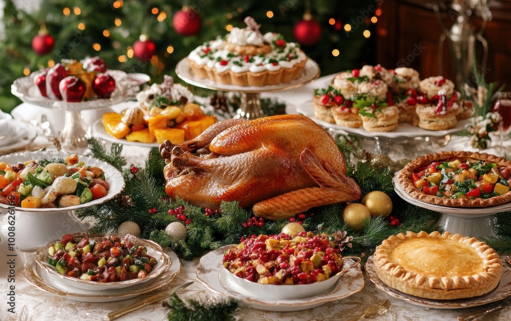 A beautifully arranged Christmas feast featuring roast turkey, seasonal sides, and vibrant desserts on an elegant table setting A beautifully arranged Christmas feast featuring roast turkey, seasonal sides, and vibrant desserts on an elegant table setting