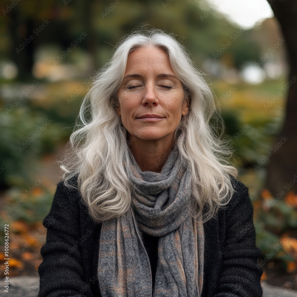 Finding Inner Peace: A serene woman with long, flowing silver hair finds solace in the embrace of nature, her eyes closed in a moment of tranquility. Finding Inner Peace: A serene woman with long, flowing silver hair finds solace in the embrace of nature, her eyes closed in a moment of tranquility.
