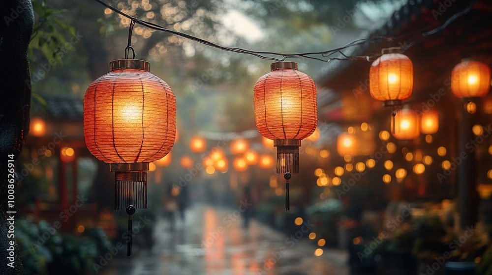 Obraz premium Red Chinese lanterns hanging in a misty alleyway, glowing warmly at dusk.