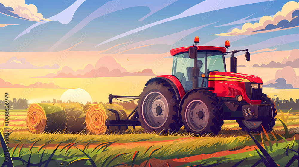 Obraz premium painted tractor in field pulling up old grass in Generated AI