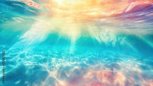 Sunbeams hitting the turquoise waters of a tropical lagoon, making the clear water glow with bright, vibrant colors.