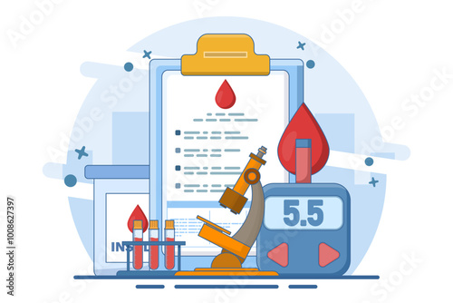 Blood glucose test and insulin production concept. diabetes mellitus, blood tube and blood glucose test, diabetes and insulin production. Modern flat vector illustration on background.