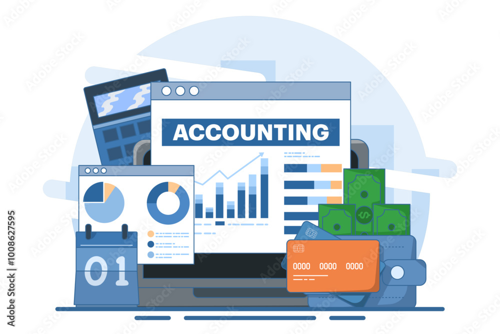 Naklejka premium accounting or finance concept, analysis, accountant, economy, business plan and budget, investment growth or income profit, flat vector illustration banner and background.