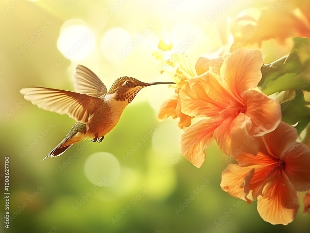 Fototapeta premium Close-up of a hummingbird pollinating a flower, vivid color texture and detail, in nature, soft natural lighting