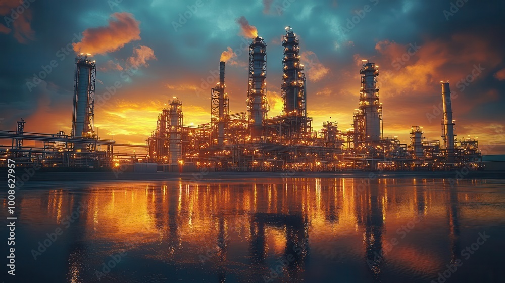 an imposing oil refinery looms over a reflective puddle with dramatic shadows cast by industrial structures against a moody twilight sky an imposing oil refinery looms over a reflective puddle with dramatic shadows cast by industrial structures against a moody twilight sky