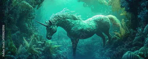 A mystical unicorn exploring an enchanted underwater world filled with vibrant flora and magical serenity.