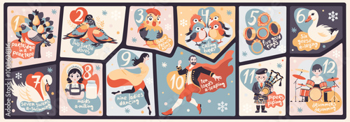 The twelve days of Christmas. English Christmas carol. Vector isolated illustration