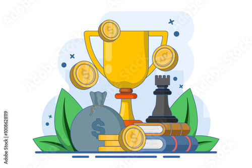 Business and marketing strategy concept, strategic planning and tactics in business, strategic thinking, financial analysis, achieving financial goals, trophies, awards and prizes. Illustration.