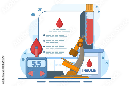 Blood glucose test and insulin production concept. diabetes mellitus, blood tube and blood glucose test, diabetes and insulin production. Modern flat vector illustration on background.