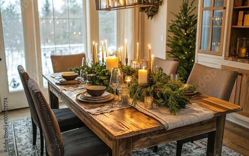 A winter dining area filled with warmth, candles, and fresh greenery for family meals and cozy gatherings photo