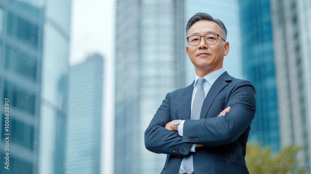 Portrait of a Chinese billionaire standing beside a massive skyscraper, symbolizing business empire and success, Chinese tycoon, business achievements Portrait of a Chinese billionaire standing beside a massive skyscraper, symbolizing business empire and success, Chinese tycoon, business achievements