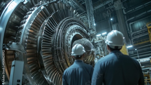 Workers in hard hats inspecting machinery inside a power plant, emphasizing teamwork and safety in the energy sector.