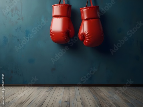 An lonely pair of red leather boxing gloves against a white backdrop. ai generated