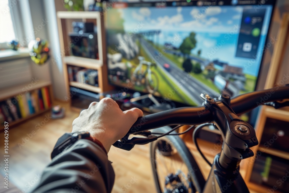 cyclist is training on the bike with a tv doing online cycling. stay fit and active while at home. indoor cycling in winter cyclist is training on the bike with a tv doing online cycling. stay fit and active while at home. indoor cycling in winter