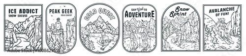 Explore five vintage style emblems featuring snowboarding, skiing, and hiking in snowy mountains. Perfect for t shirts and prints, they capture the spirit of adventure and fun in winter sports