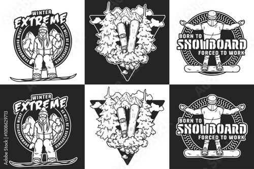 Set of emblems with snowboarder woman, snowy mountain landscape and snowboarder man posing with his arms outstretched, designed for winter sports enthusiasts