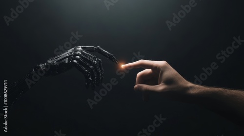 Human hand touching robot hand, dark minimalist background, glowing touch point, symbol of human-AI connection