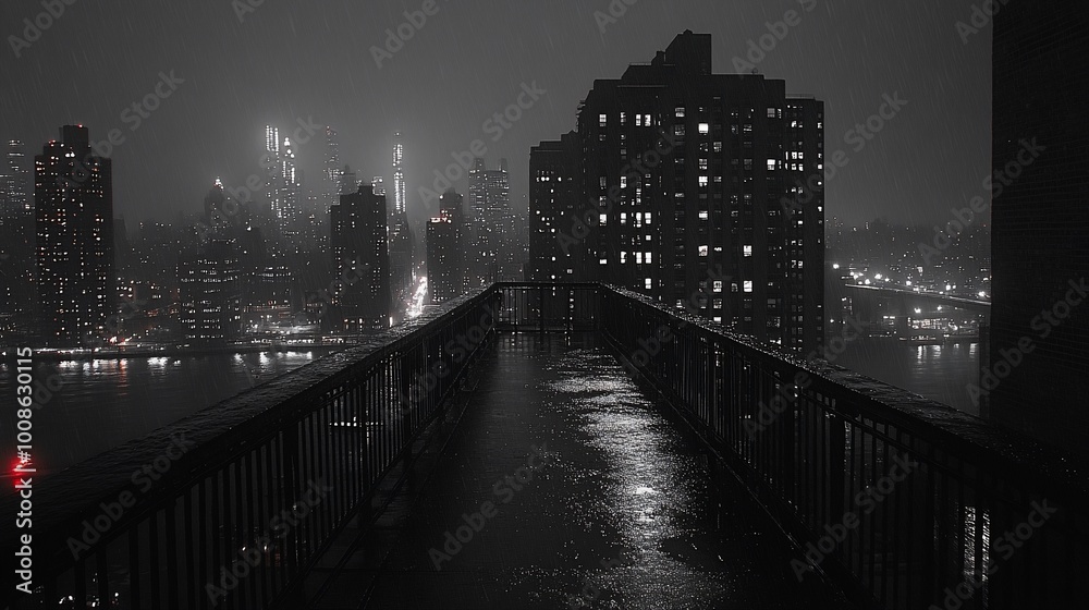 Fototapeta premium A lone figure walks on a rooftop walkway overlooking a city shrouded in fog and rain. The cityscape is illuminated by streetlights and the glow of windows, creating a moody and atmospheric scene.