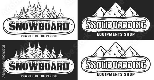 Stylish monochrome emblems with snowy mountain landscapes and pine forests for snowboard shop gear. Elevate your winter look with vintage charm. Hit the snow in style.