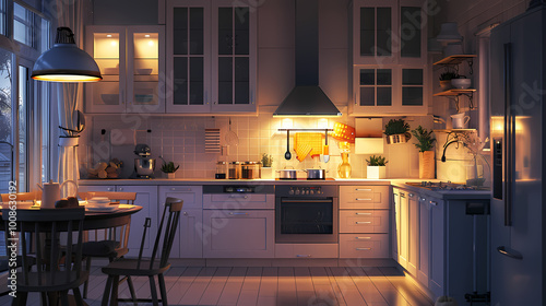 completed kitchen interior of the house at night Generated AI 