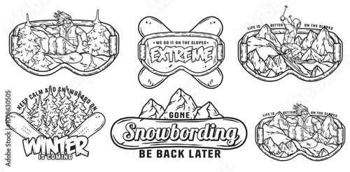 Set of monochrome emblems featuring snowboarders enjoying winter sports, perfect for designs related to snowboarding, winter adventures, and extreme sports