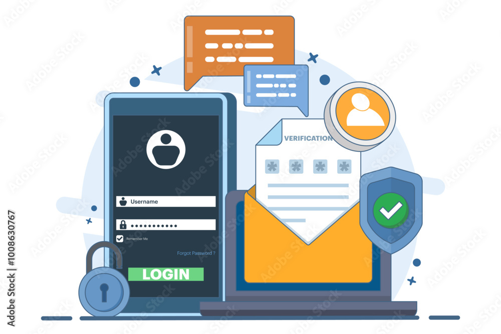 Two-step verification concept, OTP, Authentication password, One-time password for secure website account login, Login page on device screen. Flat vector illustration on background.