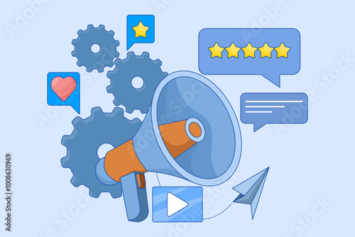 Social network promotion concept. Social media marketing, digital promotion campaign, web analytics, SMM strategy, chatbot, video broadcast, stories. Like comment share give. Flat vector illustration.