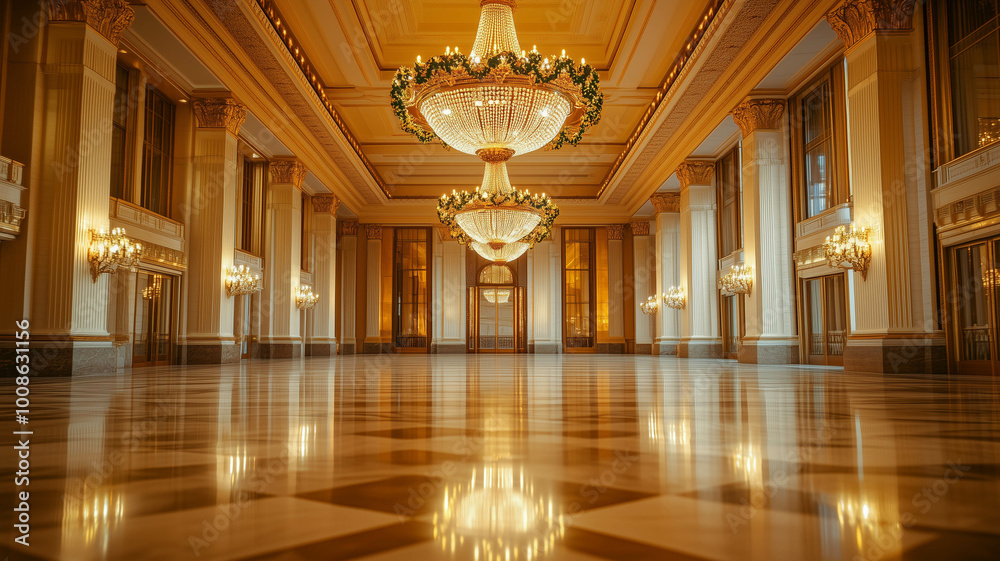 Obraz premium A wide shot of a grand ballroom featuring a gold chandelier adorned with delicate laurel wreath accents