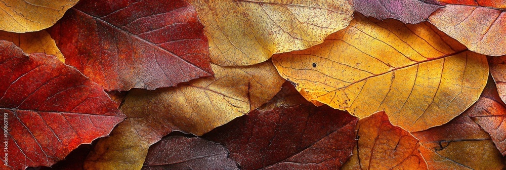 A macro shot of autumn leaves in varying shades of gold and red, layered and scattered across each other A macro shot of autumn leaves in varying shades of gold and red, layered and scattered across each other