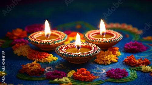 Diwali festival scene with three shining oil lamps on a vivid rangoli design, the rich blue backdrop enhances the glowing flames