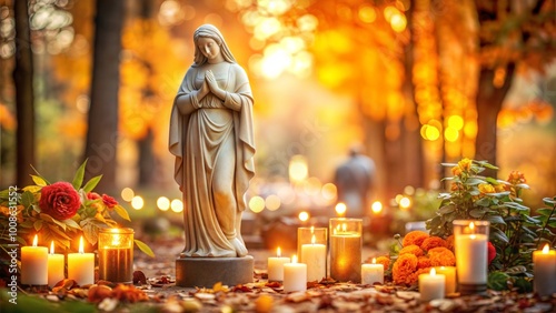 Virgin Mary statue with candles in autumn cemetery