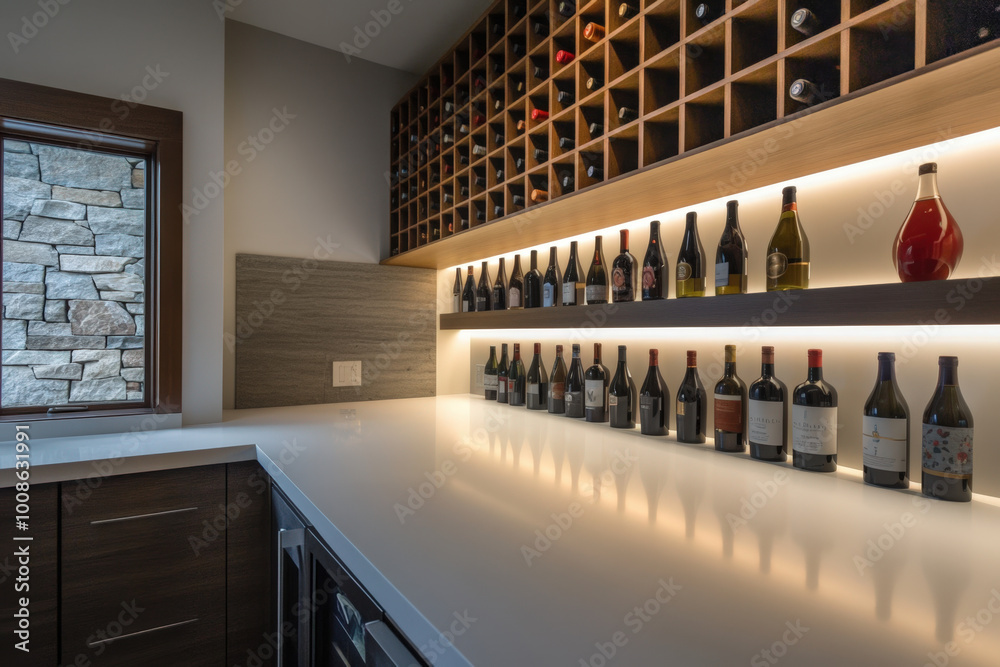 Interior of a modern home bar showing a collection of wine bottles displayed on illuminated shelves Interior of a modern home bar showing a collection of wine bottles displayed on illuminated shelves