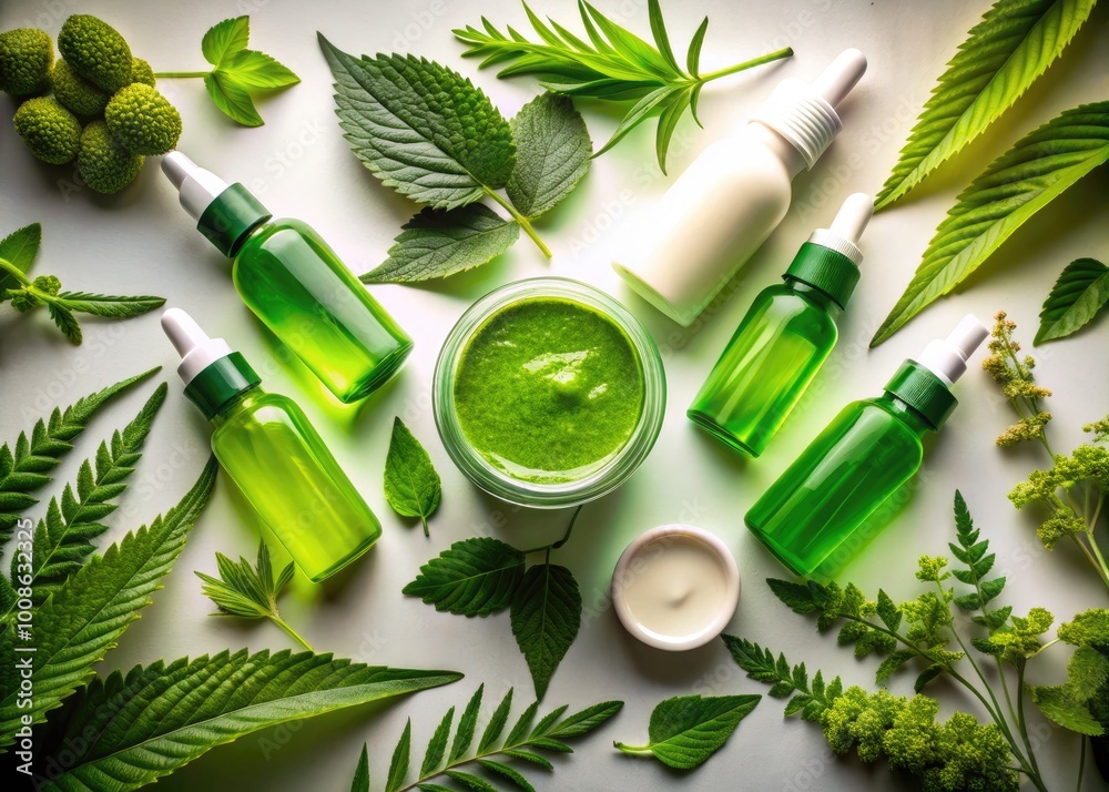 Natural Green Skincare Products with Leaves and Herbs for Healthy Skin Care and Beauty Routine Natural Green Skincare Products with Leaves and Herbs for Healthy Skin Care and Beauty Routine