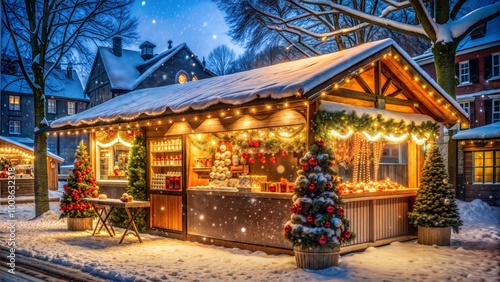 Illuminated Christmas market stall with festive decorations and snow