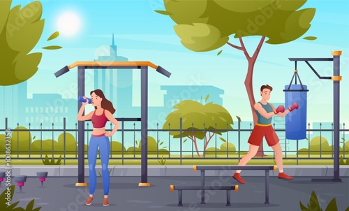Street workout park. Vector horizontal illustration of spring summer city public park with gym zone, sport equipment, people, boxer, woman. Outdoor sports area for training, fitness. Nature background
